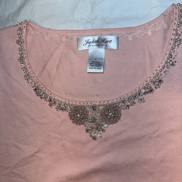 Vintage Judith Hart Pink Beaded Pullover Sweater - L Silk Blend Scoop Neck - Picture 2 of 5